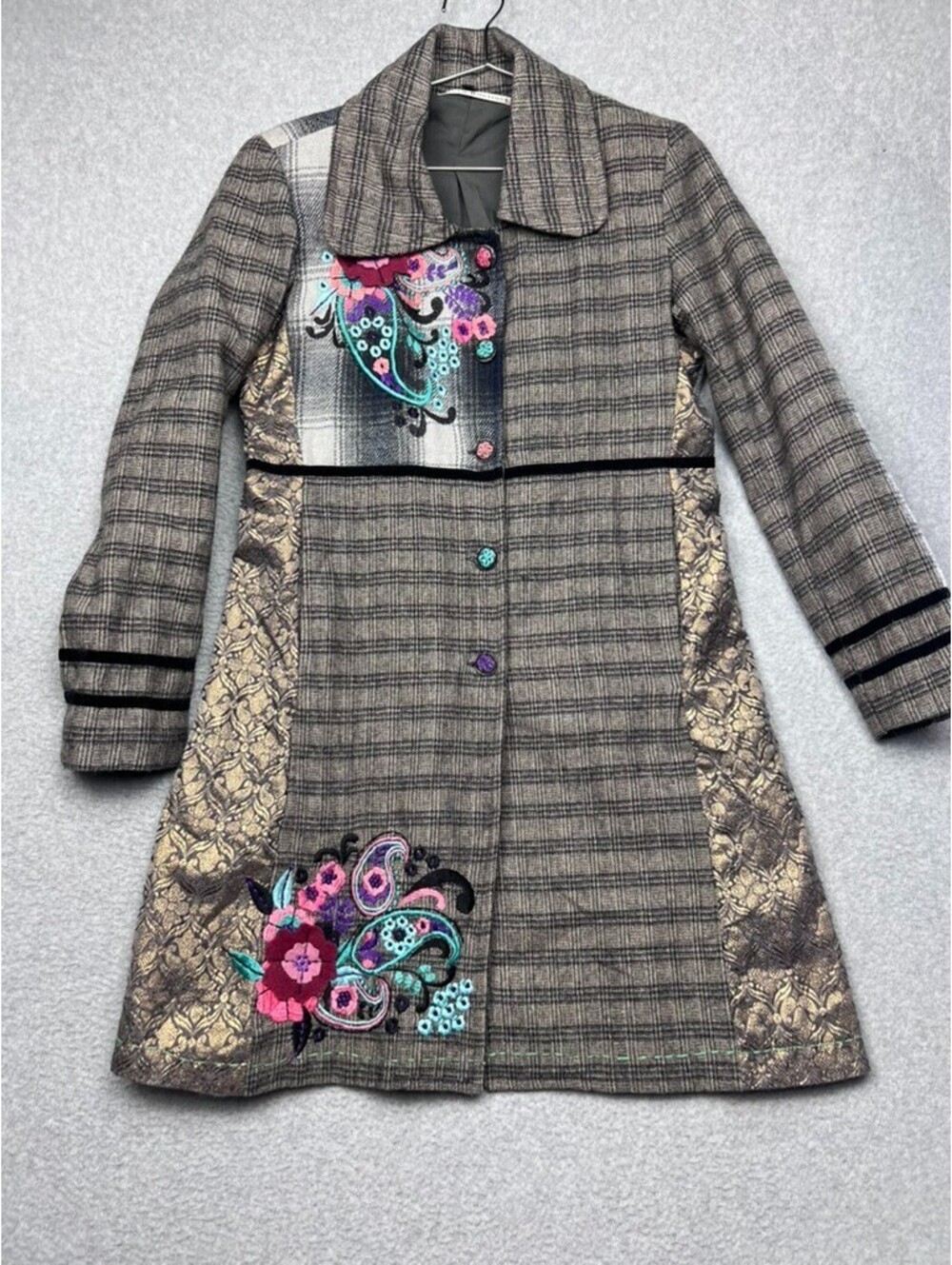 Whimsigoth Wool Coat S Plaid Metallic Embroidered Patchwork Boho Fairycore Artsy